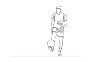 ononderbroken lijntekening van voetballer die bal schopt. enkele een lijn kunst van jonge man voetballer dribbelen en jongleren met de bal. vector illustratie