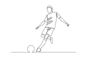 ononderbroken lijntekening van voetballer die bal schopt. enkele een lijn kunst van jonge man voetballer dribbelen en jongleren met de bal. vector illustratie