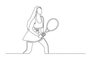 doorlopende lijntekening van een vrouw die tennistoernooi speelt. enkele één lijn kunst van sport en gezonde levensstijl. vector illustratie