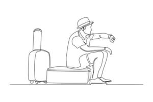 doorlopende lijntekening van reiziger man zit met bagage. één regel kunstconcept van toerist die met koffer loopt. vector illustratie