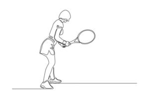 doorlopende lijntekening van een vrouw die tennistoernooi speelt. enkele één lijn kunst van sport en gezonde levensstijl. vector illustratie