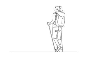 doorlopende lijntekening van reizende mensen met rugzak. enkele één lijn kunst van vrouwensucces tot wandelen op de top van de berg. vector illustratie