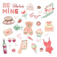 vector set van schattige clip arts voor Valentijnsdag ansichtkaarten, posters. teddybeer, koffie, hartjes, lolly, snoep, liefdesbrieven, fles wijn en glazen, cupcake, belettering.