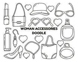 set handgetekende vrouw accessoires cartoon doodle stijl kleuren vector