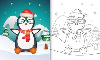 kleurboek met een schattige pinguïn kerstfiguren met een kerstmuts en sjaal vector