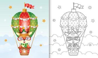 kleurboek met schattige herten kerstpersonages op heteluchtballon met muts en sjaal vector
