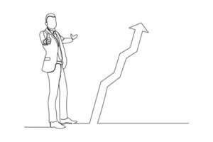 doorlopende lijntekening van staande zakenman toont groeiend grafisch diagram. enkele één lijn kunst van zaken verhogen succes vooruitgang. vector illustratie