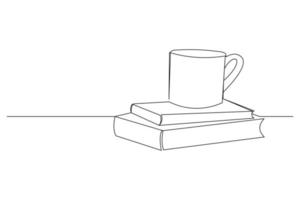 doorlopende lijntekening van een stapel boek naast een kopje koffie op het bureau. schrijven concept bedrijfsconcept. moderne enkele eenregelige tekening ontwerp vector grafische afbeelding