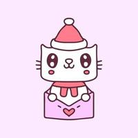 kawaii kat draagt een kerstmuts in liefdesbrief cartoon. kerst illustratie. vectorafbeeldingen voor t-shirtafdrukken en ander gebruik. vector