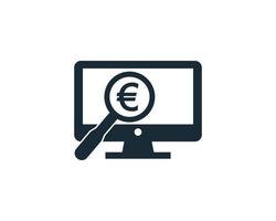 euroteken scherm en vergrootglas pictogram vector logo sjabloon illustratie ontwerp