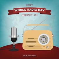 happy world radio day 13 februari vintage radio microfoon kaarten illustratie op gekleurde achtergrond vector