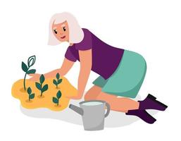 een oudere vrouw, een grootmoeder, plant planten in de tuin. ouderen zijn stripfiguren. oude leeftijd. vectorillustratie van een vlakke stijl, geïsoleerd op een witte achtergrond vector