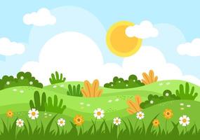 lente landschap achtergrond met bloemen seizoen, regenboog en plant voor promoties, tijdschriften, reclame of websites. natuur vectorillustratie vector