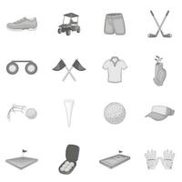 golf iconen set, grijze zwart-wit stijl vector