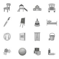 kleuterschool iconen set, grijze zwart-wit stijl vector