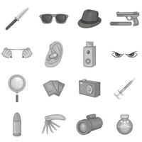 spion en veiligheid iconen set, zwart zwart-wit stijl vector