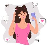 mooi meisje neemt selfie per smartphone. populaire media beautyblogger. sociale media invloed. vector