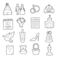 bruiloft iconen set, schets cartoon stijl vector