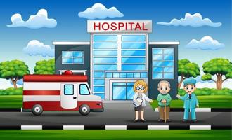 vooraanzicht van het ziekenhuis met een arts, patiënt en ambulance vector