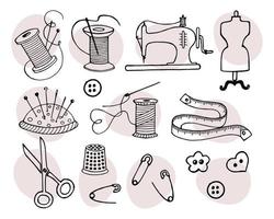 illustratie op het thema van naaien, een set van handgetekende iconen, spoelen van draad en een naaimachine, naalden en pinnen, een vingerhoed. zwarte omtreklijnen en abstracte pastelvlekken vector