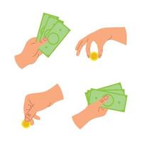 set van handen met geld en munt vectorillustratie vector