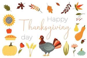 gelukkige Thanksgiving-kaart, kalligrafische tekst. set van herfst pictogrammen. bladeren, kalkoen, pompoen, Amerikaanse taart, bloemen. vector illustratie