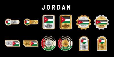 gemaakt in Jordanië label, stempel, badge of logo. met de nationale vlag van Jordanië. op platina, goud en zilver kleuren. premium en luxe embleem vector