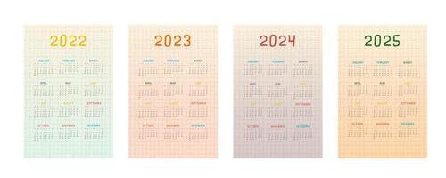 2022 2023 2024 2025 kalender met veelkleurig schattig kinderachtig ontwerp vector