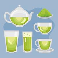 zes groene thee iconen vector