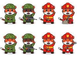 vectorillustratie van schattige cartoon tijger met gelukkige kat pose soldaat en brandweerman kostuum vector
