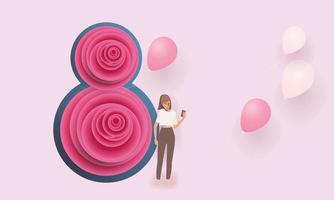 8 maart gelukkige vrouwendag illustratie. papier kunst roze rood backgroung bloem en hart vector