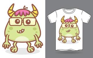 schattige nerd monster cartoon voor t-shirt vector