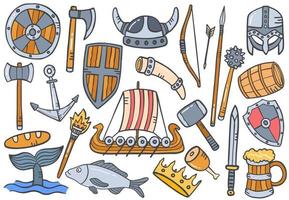 Vikingen doodle handgetekende set collecties met platte kaderstijl vector