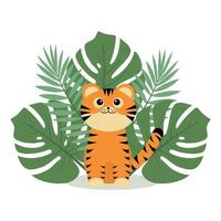 kleine tijgerwelp op een achtergrond van tropische bladeren, kleur geïsoleerde vectorillustratie in cartoon-stijl vector