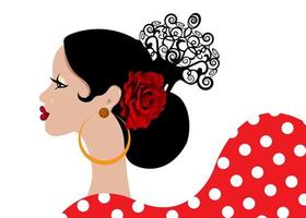 mooi portret Spaanse Latijns-vrouw, kapsels voor flamenco meisje met folk accessoires peineta, rood roze bloem en oorbellen, polka dot jurk, vector geïsoleerd op witte achtergrond