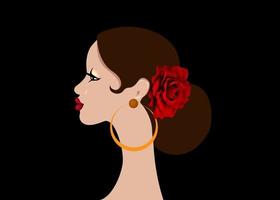 mooi portret Spaanse Latijns-vrouw, kapsels voor flamenco meisje met grote chignon dragen rode roze bloem en oorbellen, vector geïsoleerd op zwarte achtergrond