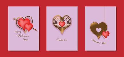 gelukkige Valentijnsdag vector set wenskaart. gouden en rode harten op roze achtergrond. gouden vakantieaffiche met tekst, juwelen. concept voor valentijnsbanner, flyer, feestuitnodiging, cadeauwinkelkaarten