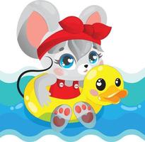 babymeisje muis baadt in de golven met een zwemcirkel in de vorm van een eend vector