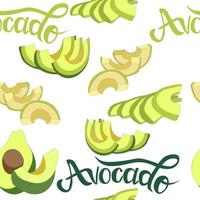 naadloos groentepatroon van rijpe avocado, plakjes en stukjes, met de hand getekend. heldere inscriptie, avocado-letters. printen op stoffen, etiketten, dagboekomslagen en andere oppervlakken. vector illustratie