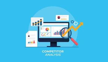 concept van concurrentieanalyse, marketinggegevensanalyse, gegevensgestuurde marketing, bedrijfsstrategieanalyse platte vectorbanner geïsoleerd op blauwe achtergrond vector