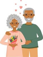 senior Afro-Amerikaanse verliefde paar. eldery Afrikaanse vrouw met bloemen staat in de buurt van oudere man. fijne Valentijnsdag. zwarte Amerikaanse grootouders. vectorillustratie in vlakke stijl vector