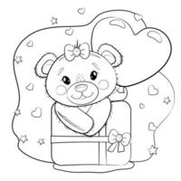 schattige teddybeer meisje kleuren met een ballon in de vorm van een hart en een geschenk. teddybeer op een witte achtergrond met hartjes. vector cartoon overzicht illustratie voor Valentijnsdag of verjaardag.
