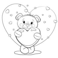 schattige omtrek teddybeer met een horen in zijn poten. teddybeer op een witte achtergrond met hartjes. vector kleurplaat pagina-illustratie voor Valentijnsdag of verjaardag.