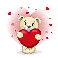 schattige teddybeer met een rood horen in zijn poten. teddybeer op een rode achtergrond met hartjes. vector cartoon afbeelding voor Valentijnsdag of verjaardag.