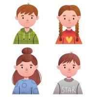 stel kinderen. avatars van meisjes en jongens in verschillende kleding. gelukkige jeugd, kleuterschool. vector