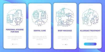 babyverzorging blauwe gradiënt onboarding mobiele app paginascherm. kind lichamelijke gezondheid walkthrough 4 stappen grafische instructies met concepten. ui, ux, gui vectorsjabloon met lineaire kleurenillustraties vector