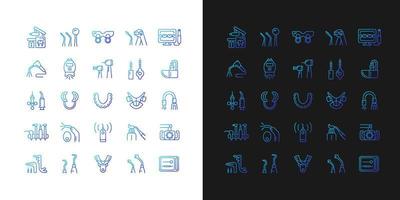 tandheelkunde hulpmiddelen en materialen verloop pictogrammen ingesteld voor donkere en lichte modus. tandheelkundige ingrepen. dunne lijn contour symbolen bundel. geïsoleerde vector overzicht illustraties collectie op zwart-wit