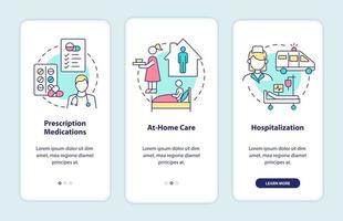 longontsteking behandeling onboarding mobiele app paginascherm. medicijnen en rust walkthrough 3 stappen grafische instructies met concepten. ui, ux, gui vectorsjabloon met lineaire kleurenillustraties vector