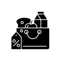 verlaagde voedselprijzen zwart glyph-pictogram. supermarkt kortingen. producten kopen tegen een lage prijs. voedselzekerheid en stabiliteit. armoede en honger. silhouet symbool op witte ruimte. vector geïsoleerde illustratie