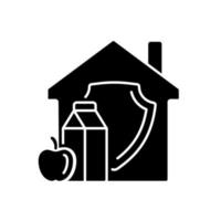 huishoudelijke voedselveiligheid zwarte glyph pictogram. voedselconsumptie van het gezin. levering en opslag van huishoudelijke producten. gezonde en adequate voeding. silhouet symbool op witte ruimte. vector geïsoleerde illustratie